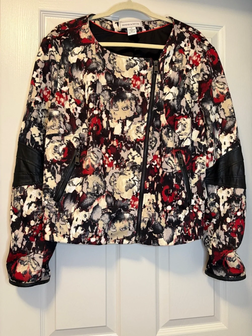 Modamix Red Black Cream Abstract Floral-Print Moto Jacket - Picture 1 of 8